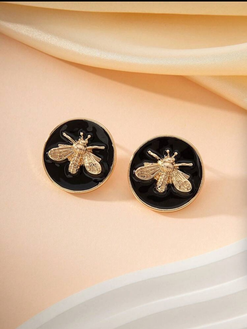 Gold Bee Black Enamel Stud Earrings - Picture 4 of 7